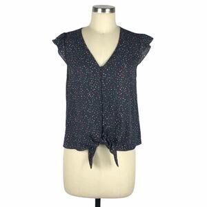 COLLECTIVE CONCEPTS Navy Blue Button Front Tie Blouse V-Neck Top‎ Size Small NWT